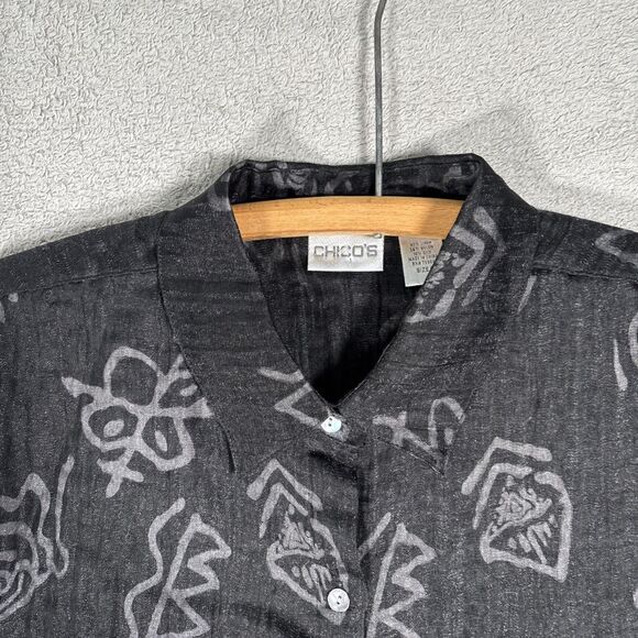 Chicos Top Women’s Size 2 (L) Black Linen Blend Artsy Boho‎ Artistic Abstract - Picture 5 of 14